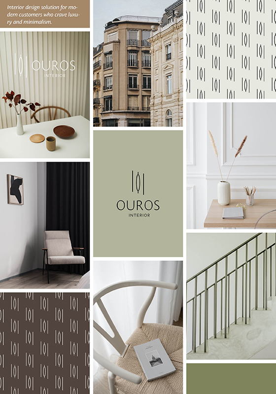 Sisustussuunnittelijalle ja kuvitteelliselle Ouros Interior yritykselle suunniteltu minimalistinen ja ylellinen brändi-ilme kuvattuna kollaasiin, jossa sisustuskuvia, värimaailma ja logot.