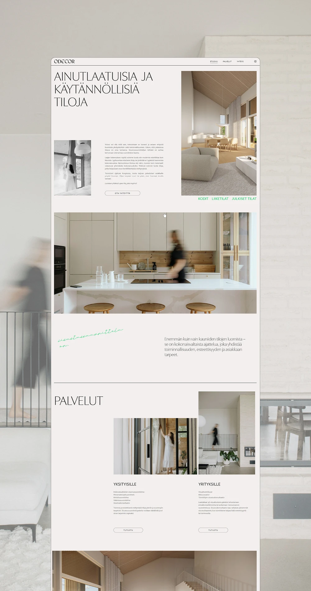 Sisustusarkkitehti Odecorin nettisivujen etusivunäkymä.