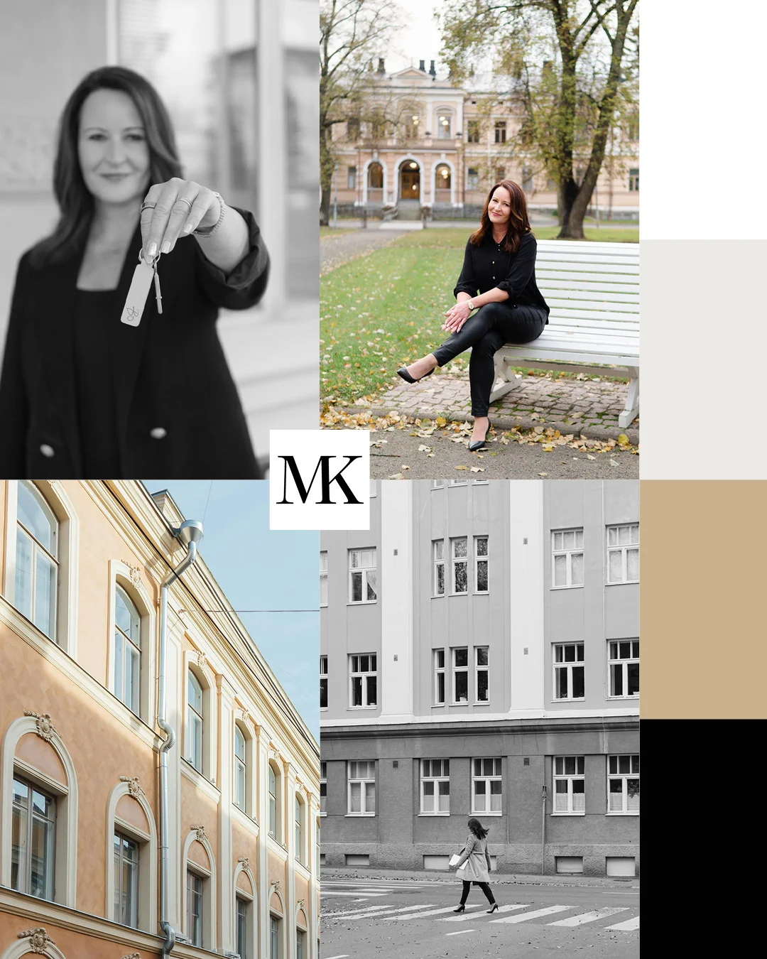 Kiinteistönvälittäjän verkkosivuille poimittu värimaailma sekä brändikuvia ja Maria Keinäsen nimikirjaimista muotoiltu monogrammi.