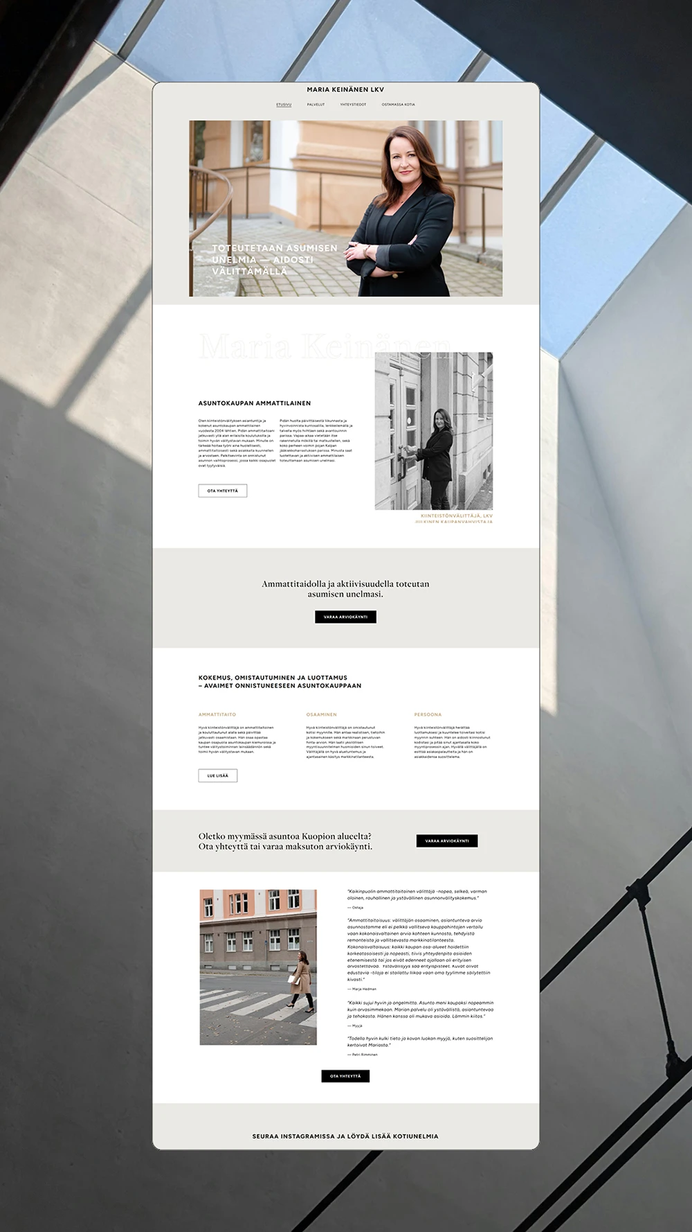 Kiinteistönvälittäjä Maria Keinäsen verkkosivujen etusivu. Verkkosivut tuovat esille Marian persoonan, kertovat palveluista ja ohjaavat asiakkaat myytäviin kohteisiin.