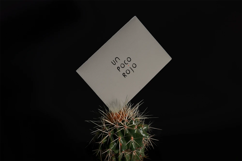 Käyntikortti, jossa saven värisellä pohjalla Un Poco Rojon pystymallinen logo.