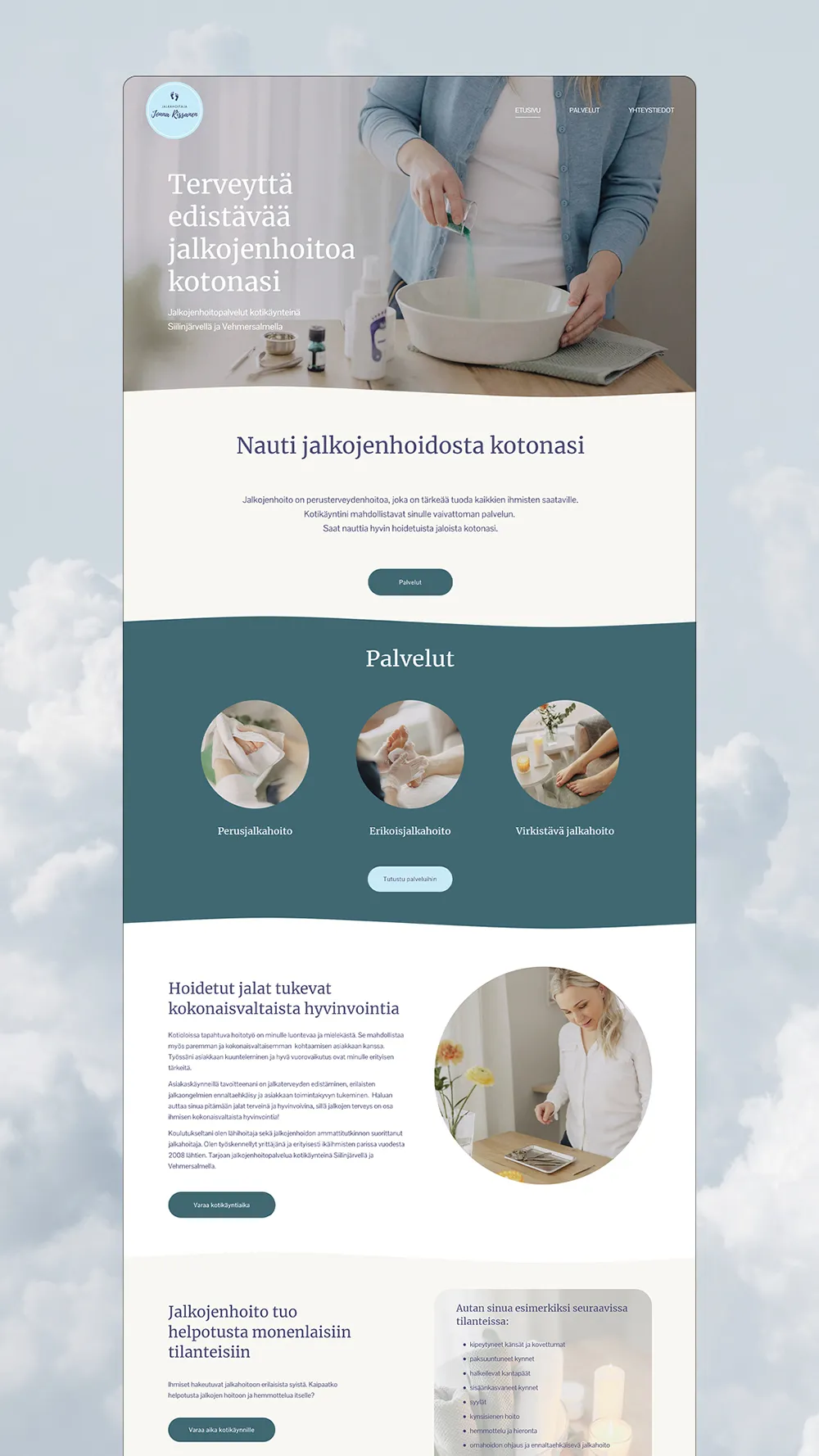 Jalkahoitaja Jonna Rissasen kotisivujen etusivunäkymä, jossa verkkosivujen eri osioita erottaa aaltoileva muoto. Kotisivuilla esiintyvät kuvat ovat pyöreitä ja kappaleet selkeitä.